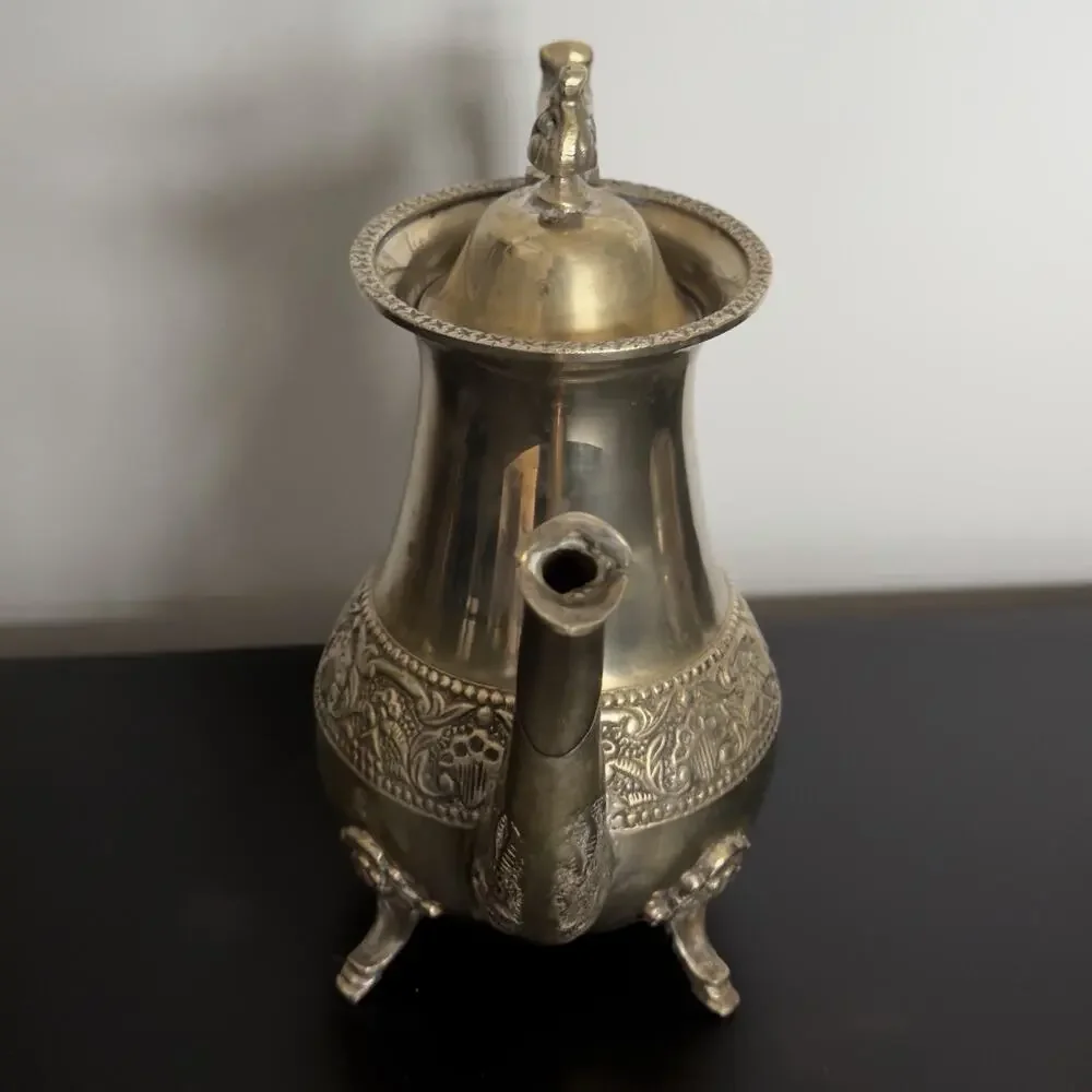 Vintage Ornate Brass Coffee Tea Pot Footed Floral Embossed Decorative Ewer